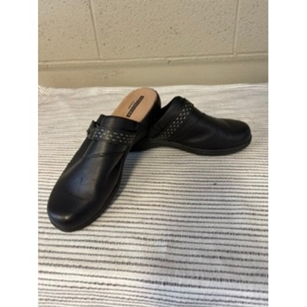 Clarks Collection‎ Womens Black Leather Studded Shoes Mules Clogs Cushion Soft 8